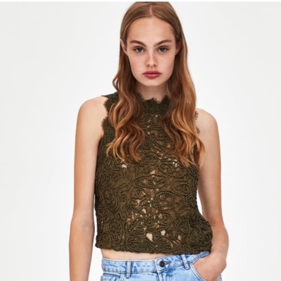 Stunning ZARA Olive Guipure Lace Top - Picture 7 of 7